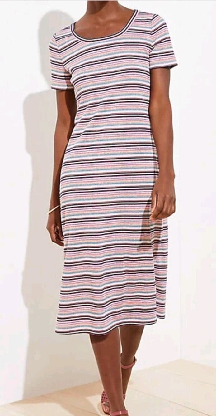 Loft Colorful Striped Ribbed Midi Length Short Sleeve Dress Knit T-shirt
